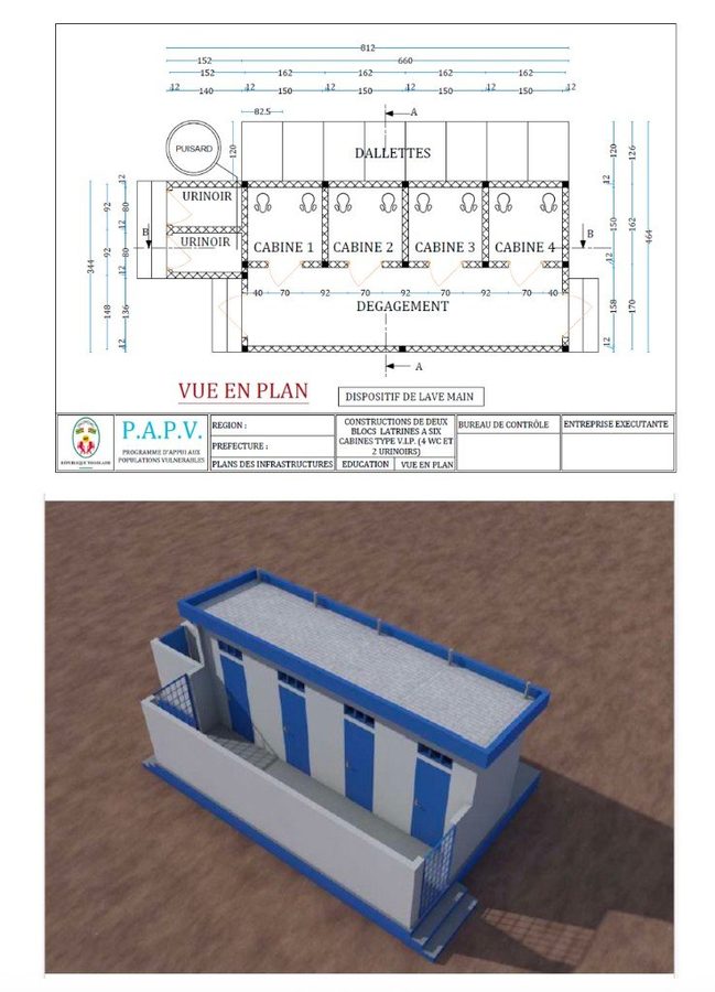 Bauplan: Toilettenanlage mit 4 Kabinen und 2 Urinalen – EPP Konta